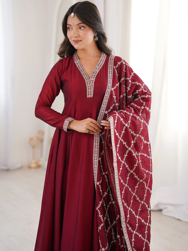 Glamorous Maroon Embroidered Silk Festival Wear Gown With Dupatta