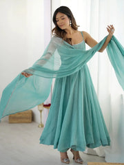 Chic Sky Blue Silk Swarovski Work Traditional Anarkali Suit