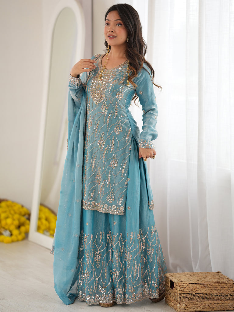 Attractive Sky Blue Bead Work Silk Wedding Wear Sharara Suit