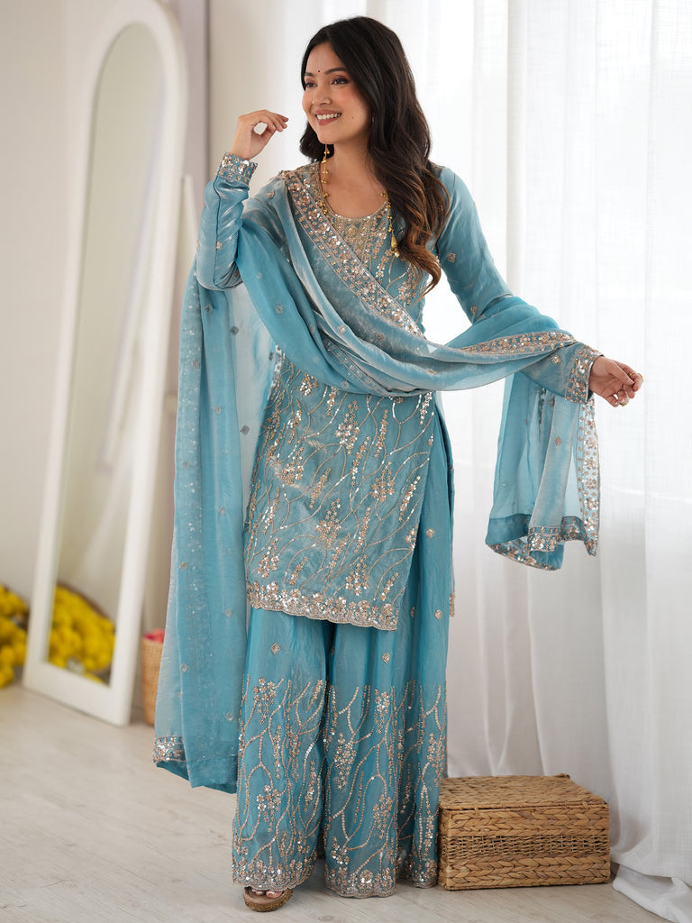 Attractive Sky Blue Bead Work Silk Wedding Wear Sharara Suit