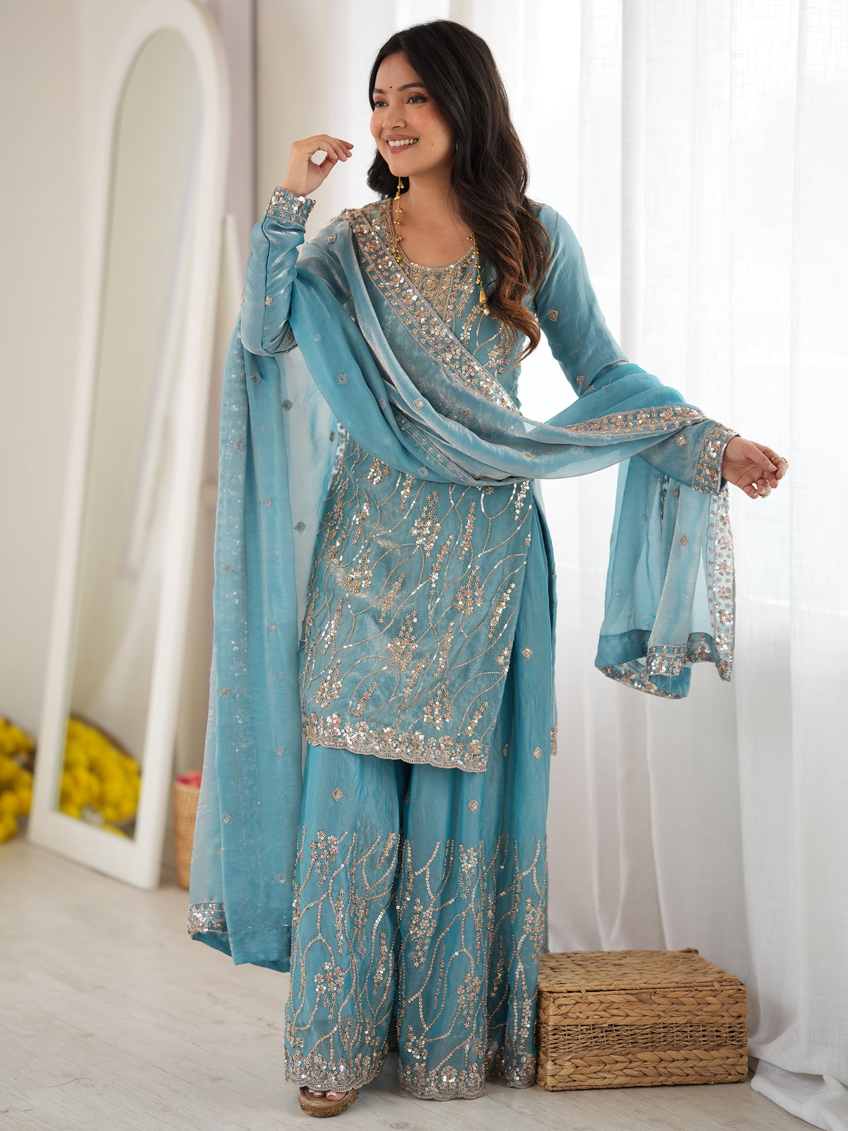 Attractive Sky Blue Bead Work Silk Wedding Wear Sharara Suit