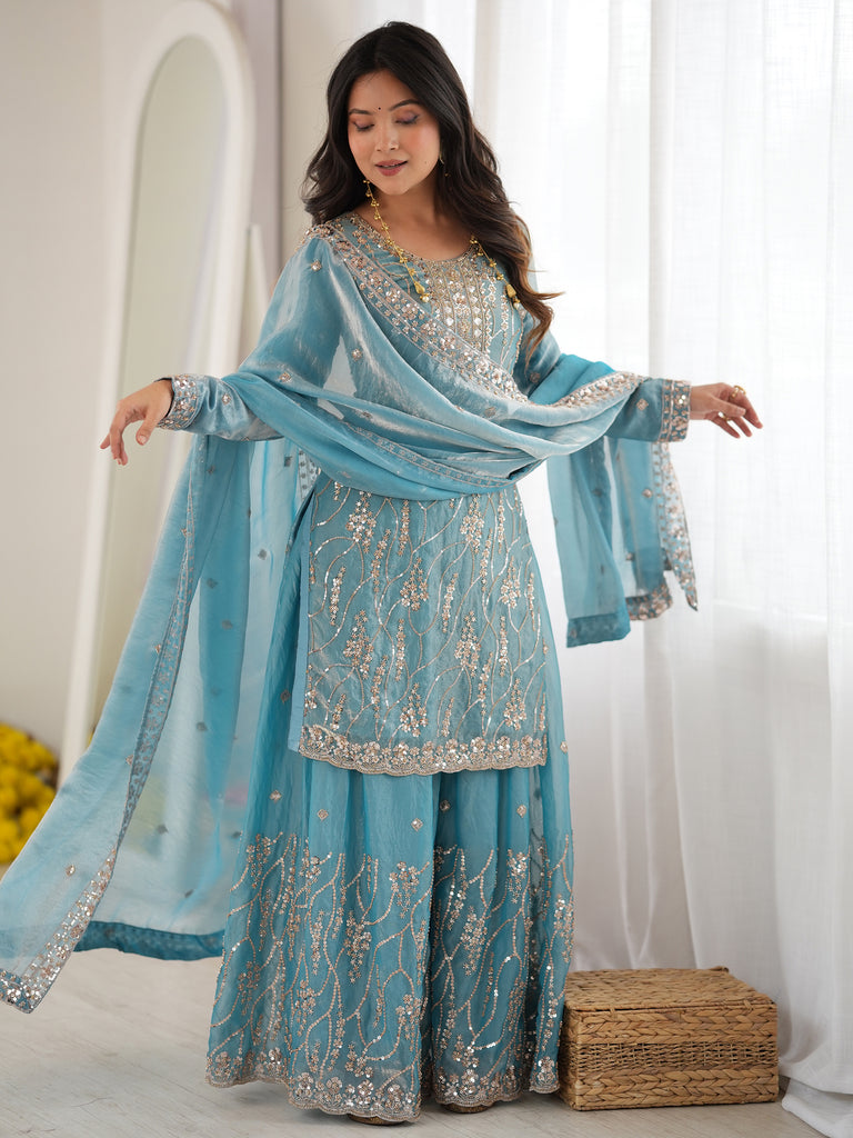 Attractive Sky Blue Bead Work Silk Wedding Wear Sharara Suit