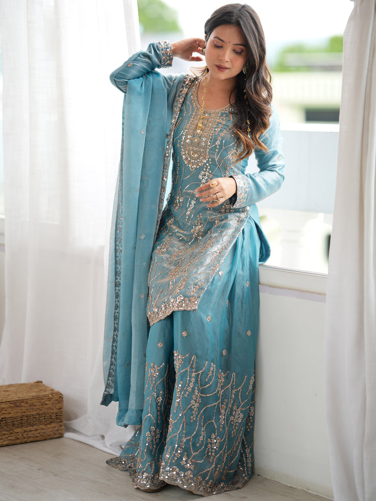 Attractive Sky Blue Bead Work Silk Wedding Wear Sharara Suit