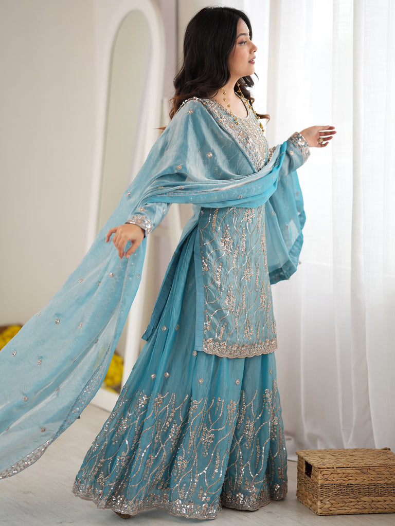 Attractive Sky Blue Bead Work Silk Wedding Wear Sharara Suit