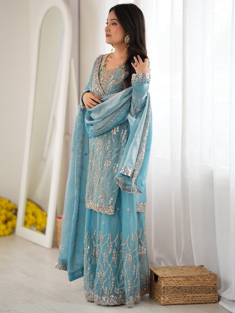 Attractive Sky Blue Bead Work Silk Wedding Wear Sharara Suit