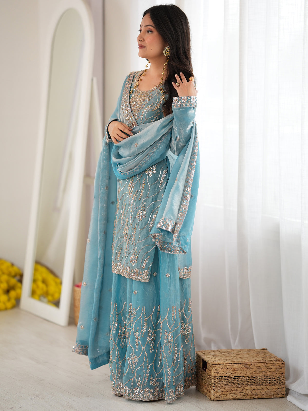 Attractive Sky Blue Bead Work Silk Wedding Wear Sharara Suit