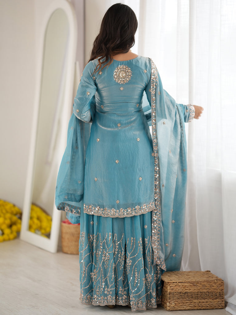 Attractive Sky Blue Bead Work Silk Wedding Wear Sharara Suit
