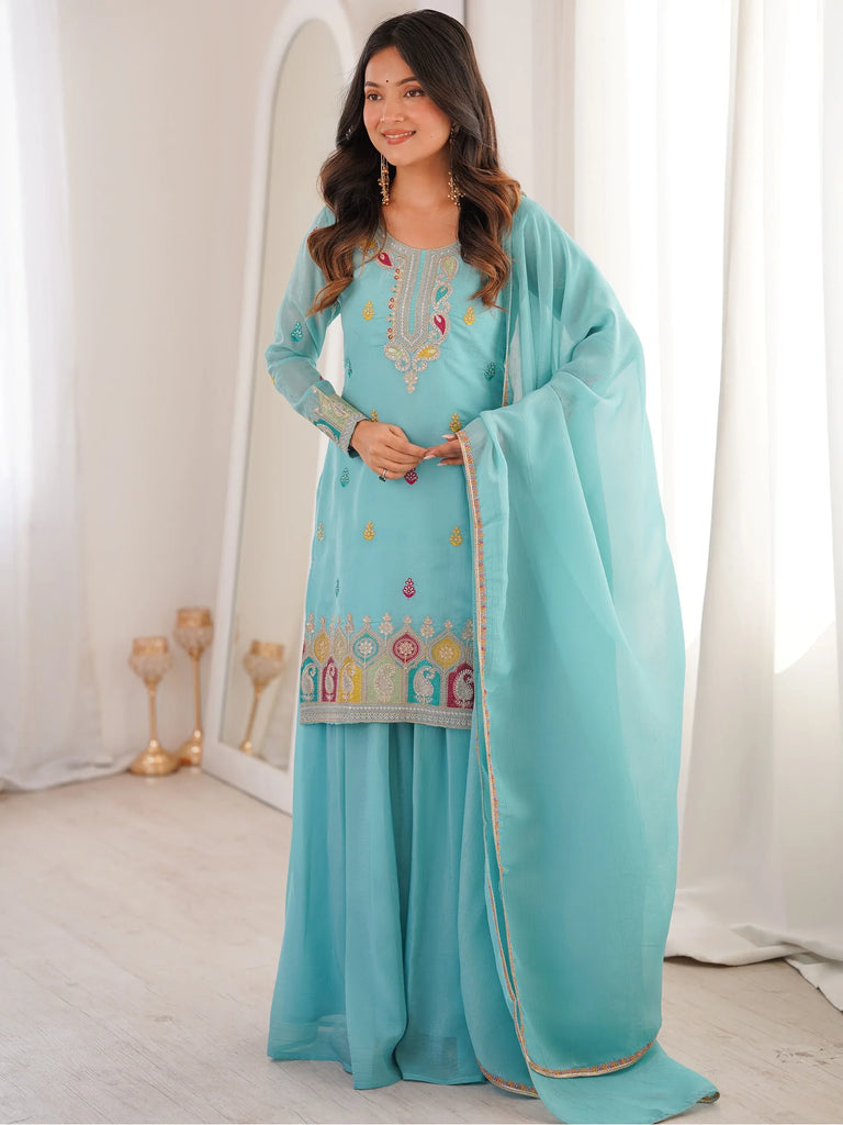 Gorgeous Sky Blue Zari Embroidered Silk Festival Wear Palazzo Suit