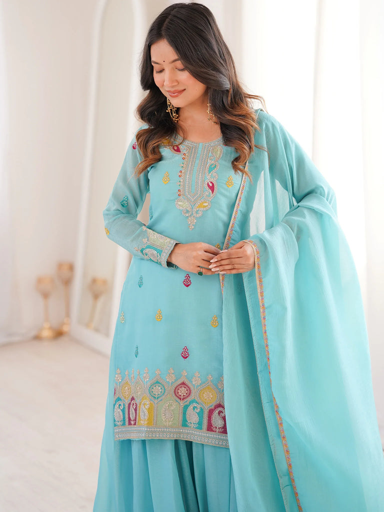Gorgeous Sky Blue Zari Embroidered Silk Festival Wear Palazzo Suit