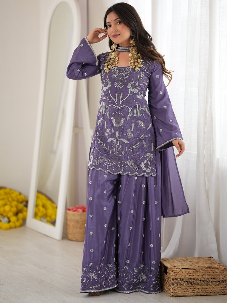 Stylish Lavender Bead Work Chinon Festive Wear Sharara Suit