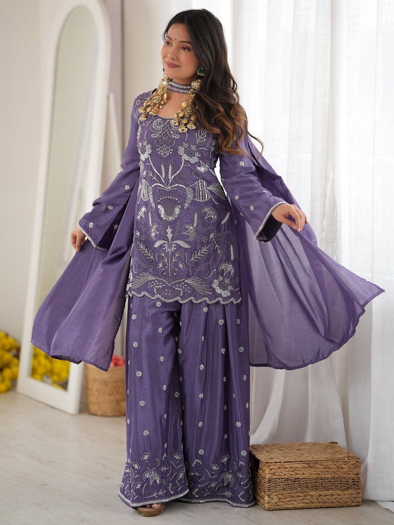 Stylish Lavender Bead Work Chinon Festive Wear Sharara Suit