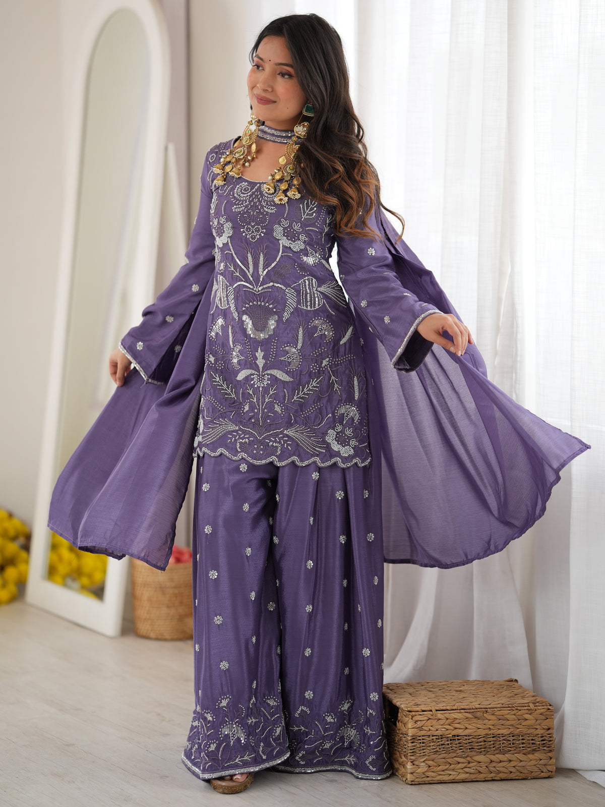 Stylish Lavender Bead Work Chinon Festive Wear Sharara Suit