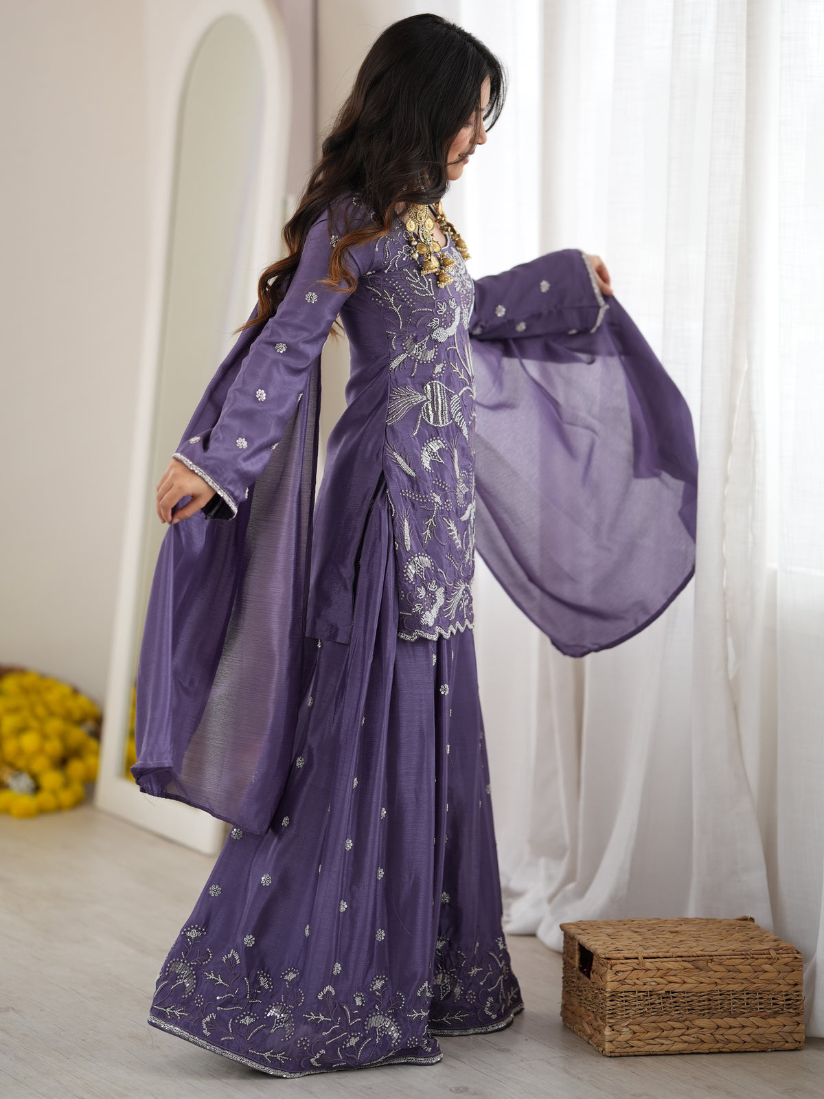 Stylish Lavender Bead Work Chinon Festive Wear Sharara Suit