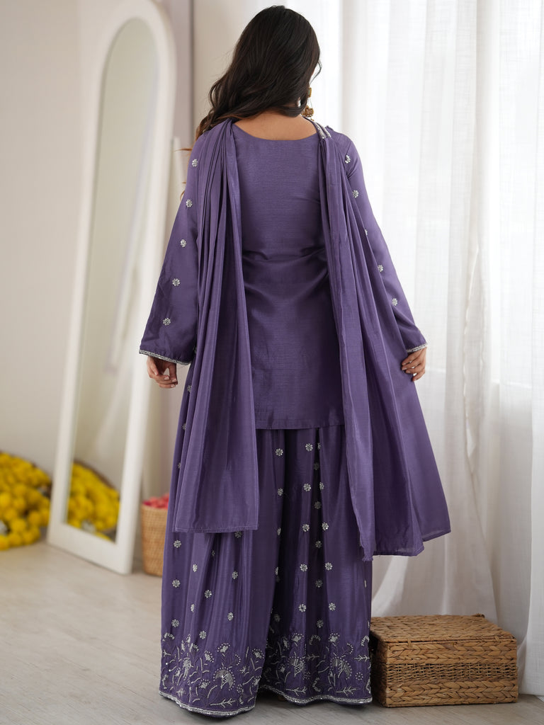 Stylish Lavender Bead Work Chinon Festive Wear Sharara Suit