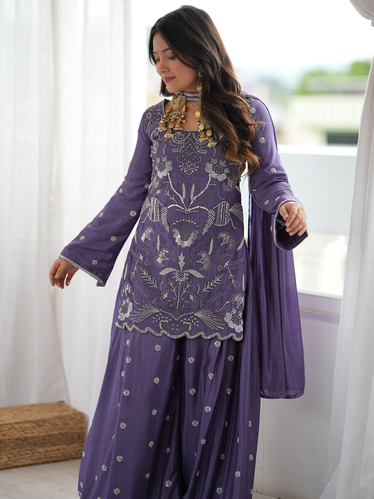 Stylish Lavender Bead Work Chinon Festive Wear Sharara Suit
