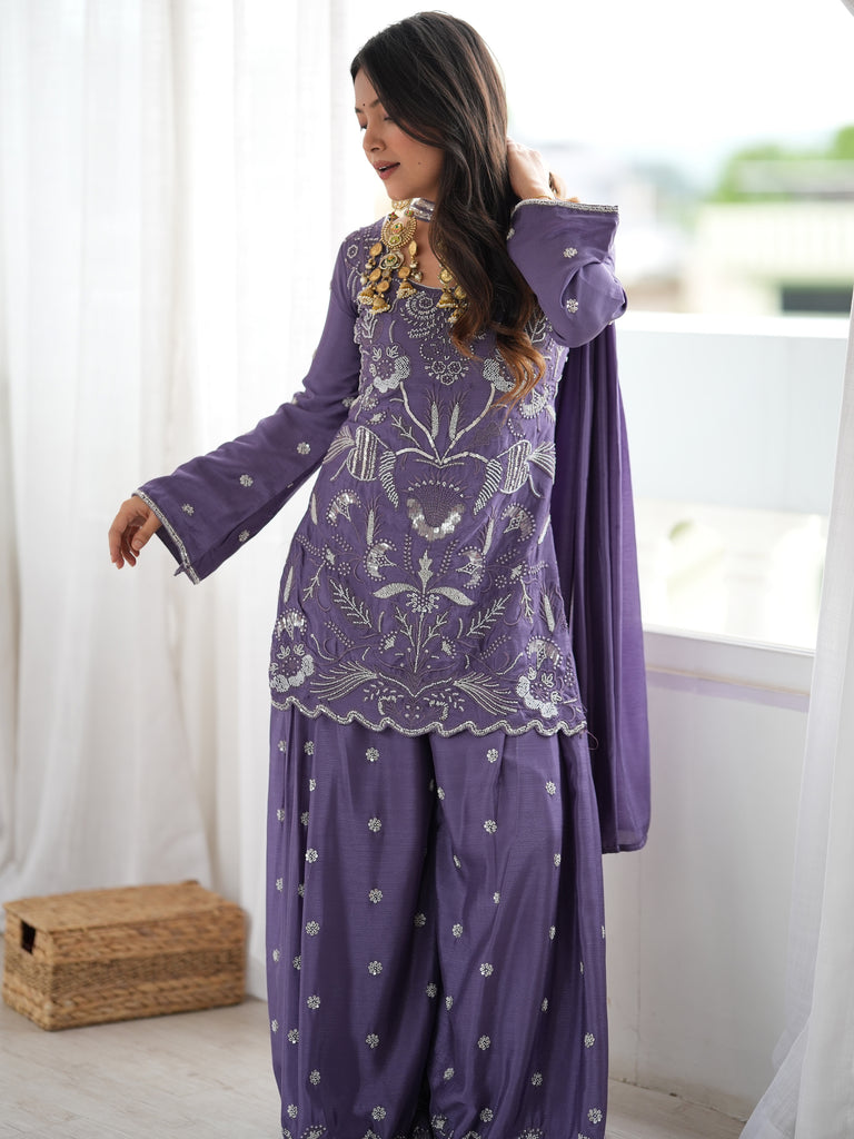 Stylish Lavender Bead Work Chinon Festive Wear Sharara Suit