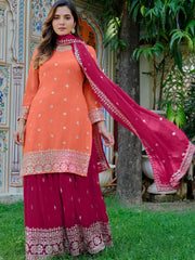 Dazzling Orange Embroidered Georgette Festival Wear Palazzo Suit