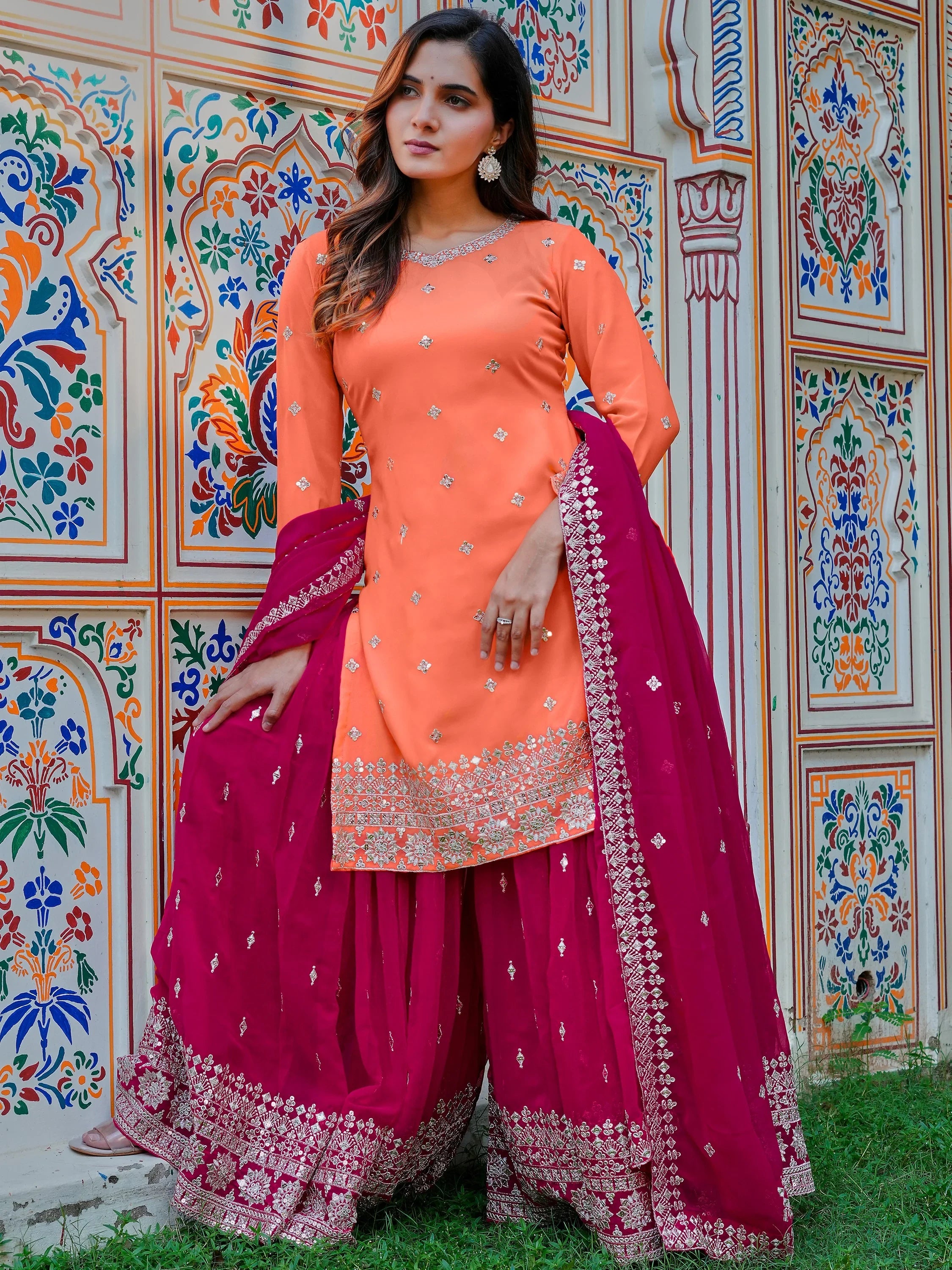 Dazzling Orange Embroidered Georgette Festival Wear Palazzo Suit