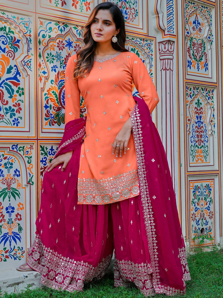 Dazzling Orange Embroidered Georgette Festival Wear Palazzo Suit