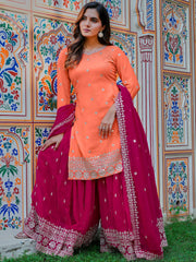 Dazzling Orange Embroidered Georgette Festival Wear Palazzo Suit