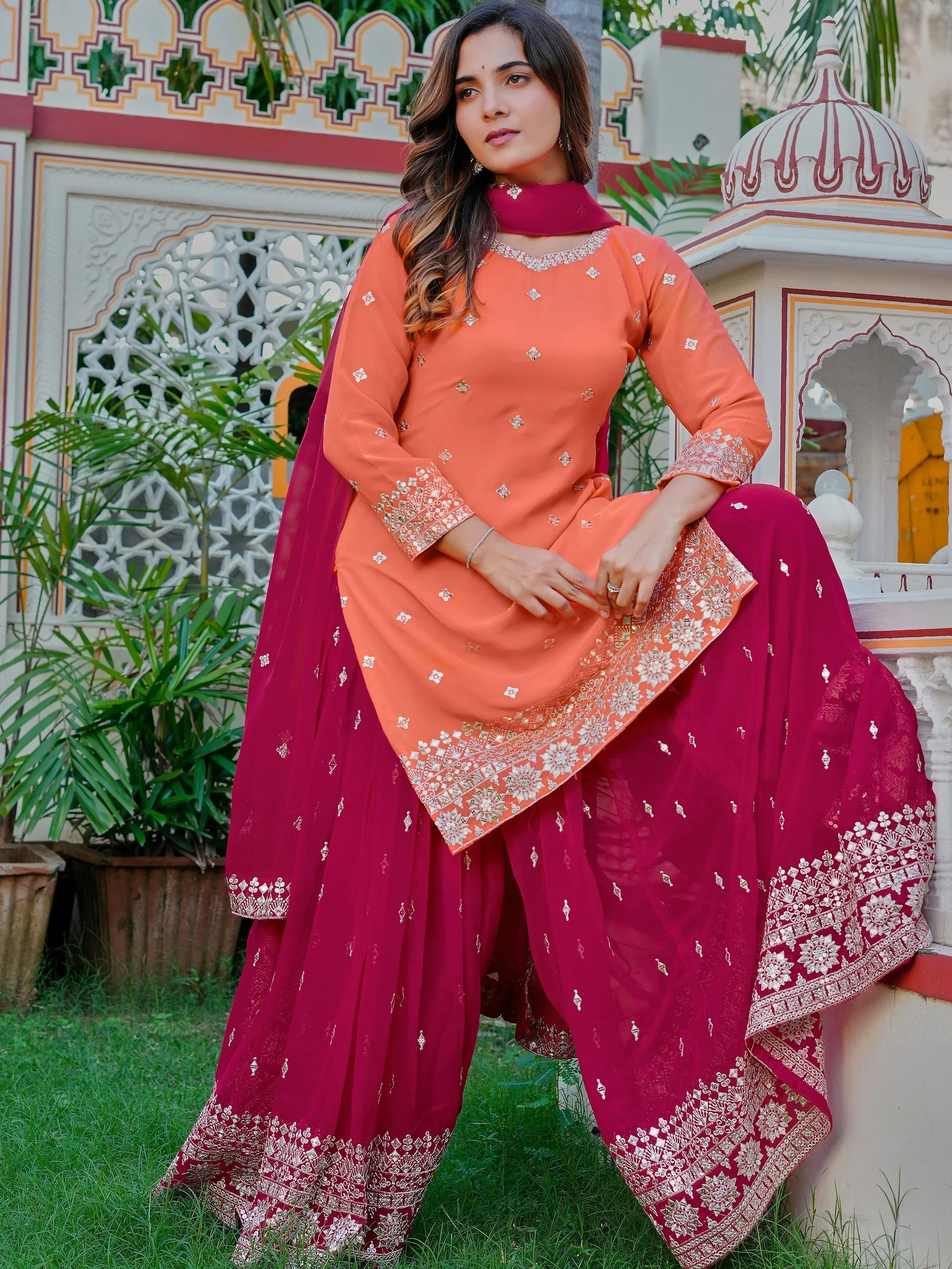 Dazzling Orange Embroidered Georgette Festival Wear Palazzo Suit