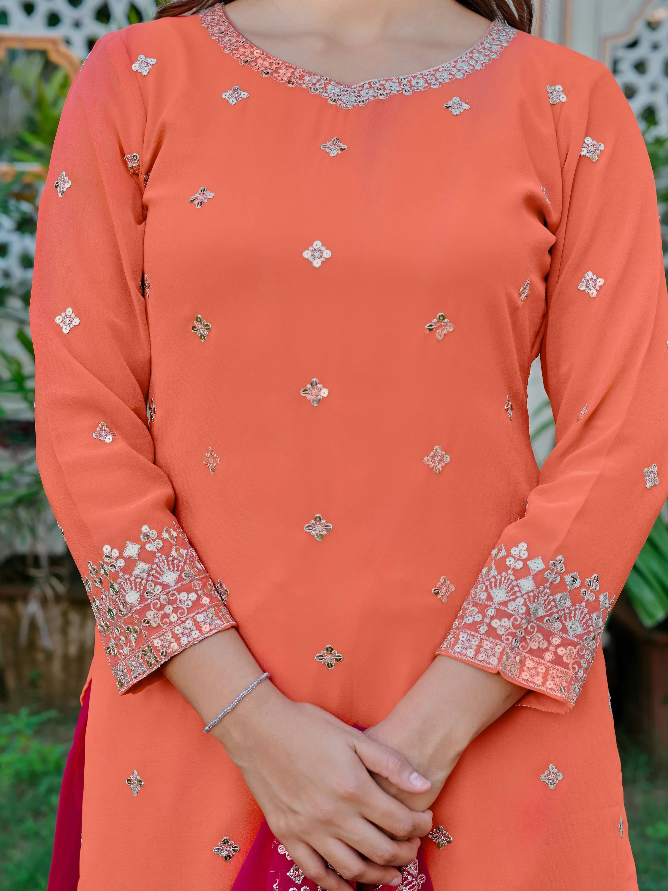 Dazzling Orange Embroidered Georgette Festival Wear Palazzo Suit