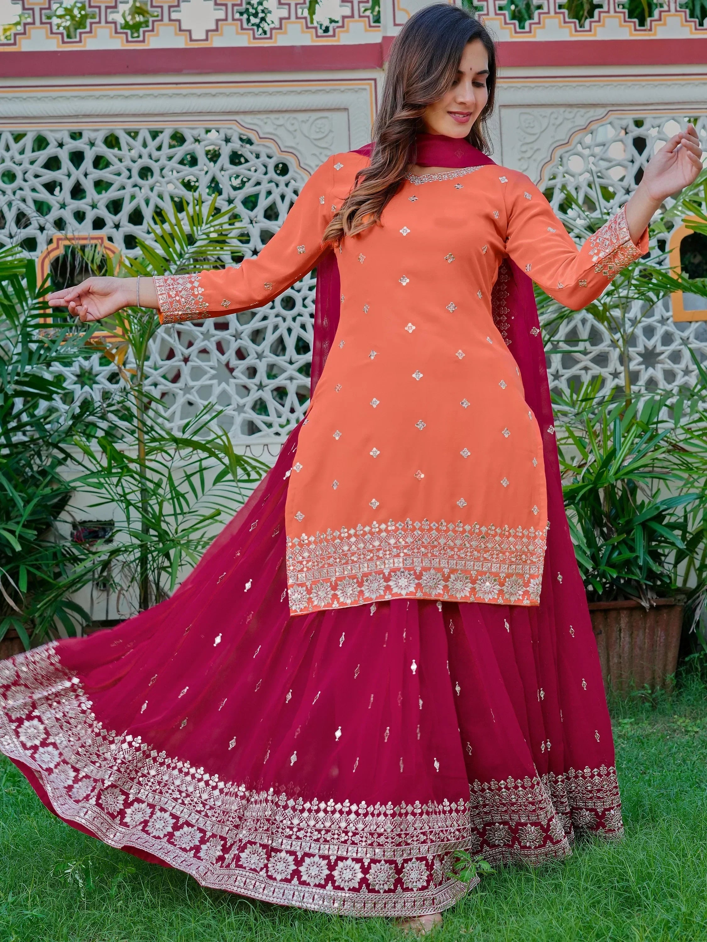 Dazzling Orange Embroidered Georgette Festival Wear Palazzo Suit