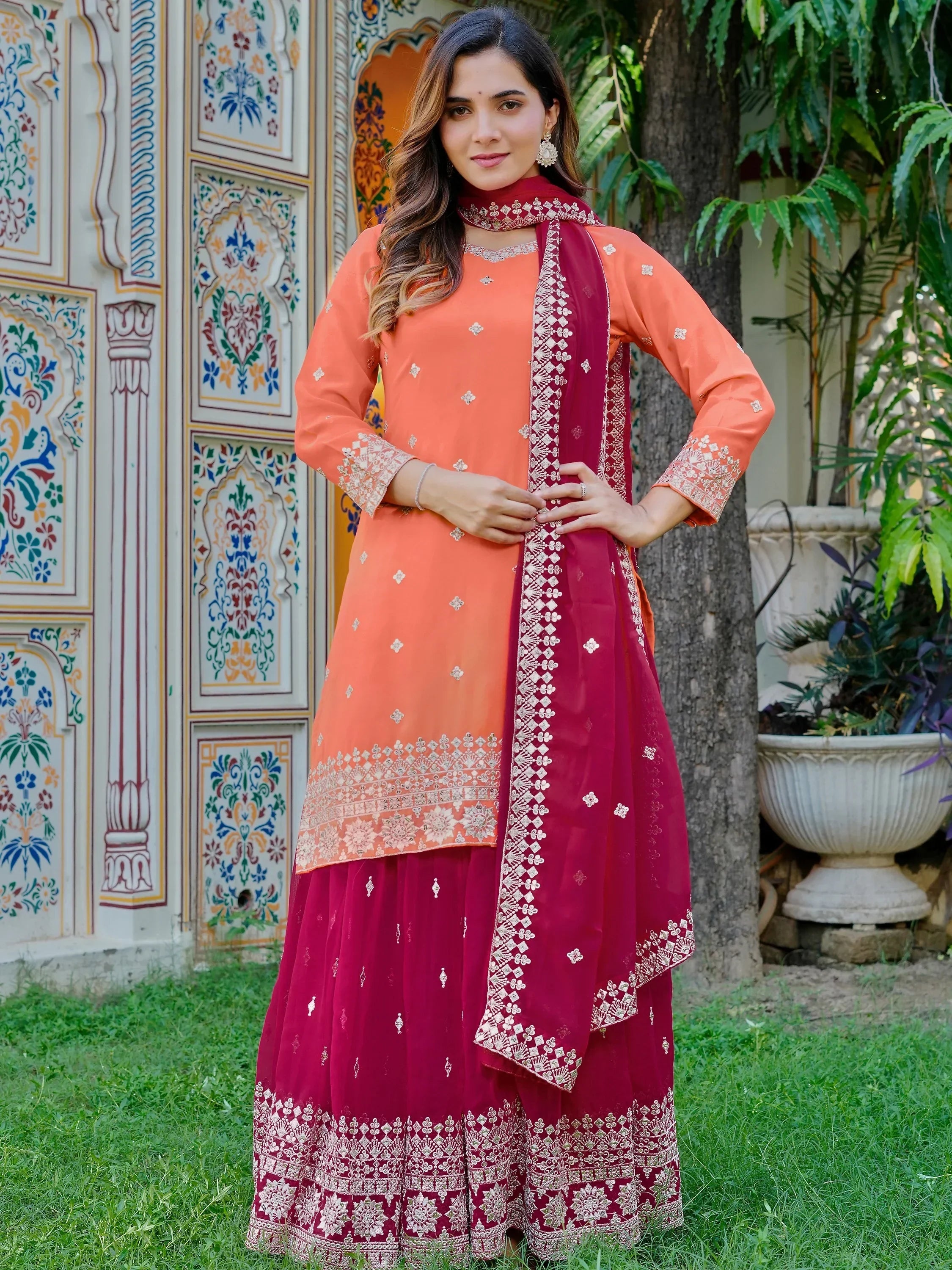 Dazzling Orange Embroidered Georgette Festival Wear Palazzo Suit