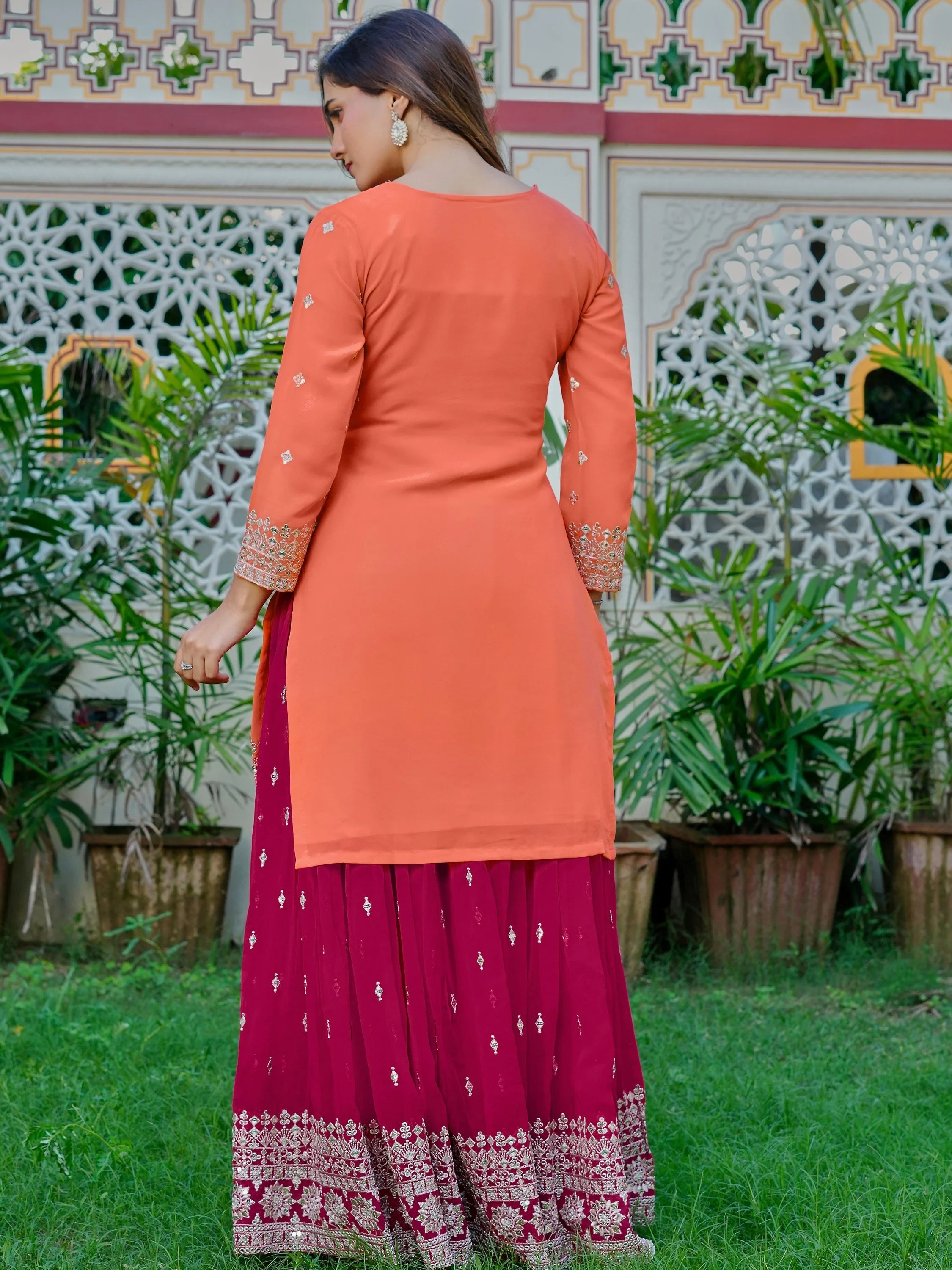 Dazzling Orange Embroidered Georgette Festival Wear Palazzo Suit