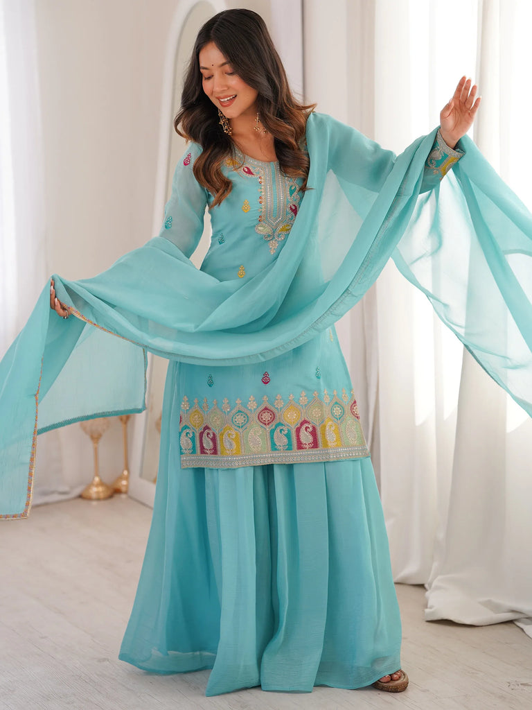 Gorgeous Sky Blue Zari Embroidered Silk Festival Wear Palazzo Suit