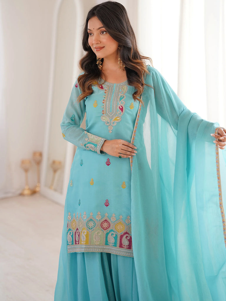 Gorgeous Sky Blue Zari Embroidered Silk Festival Wear Palazzo Suit