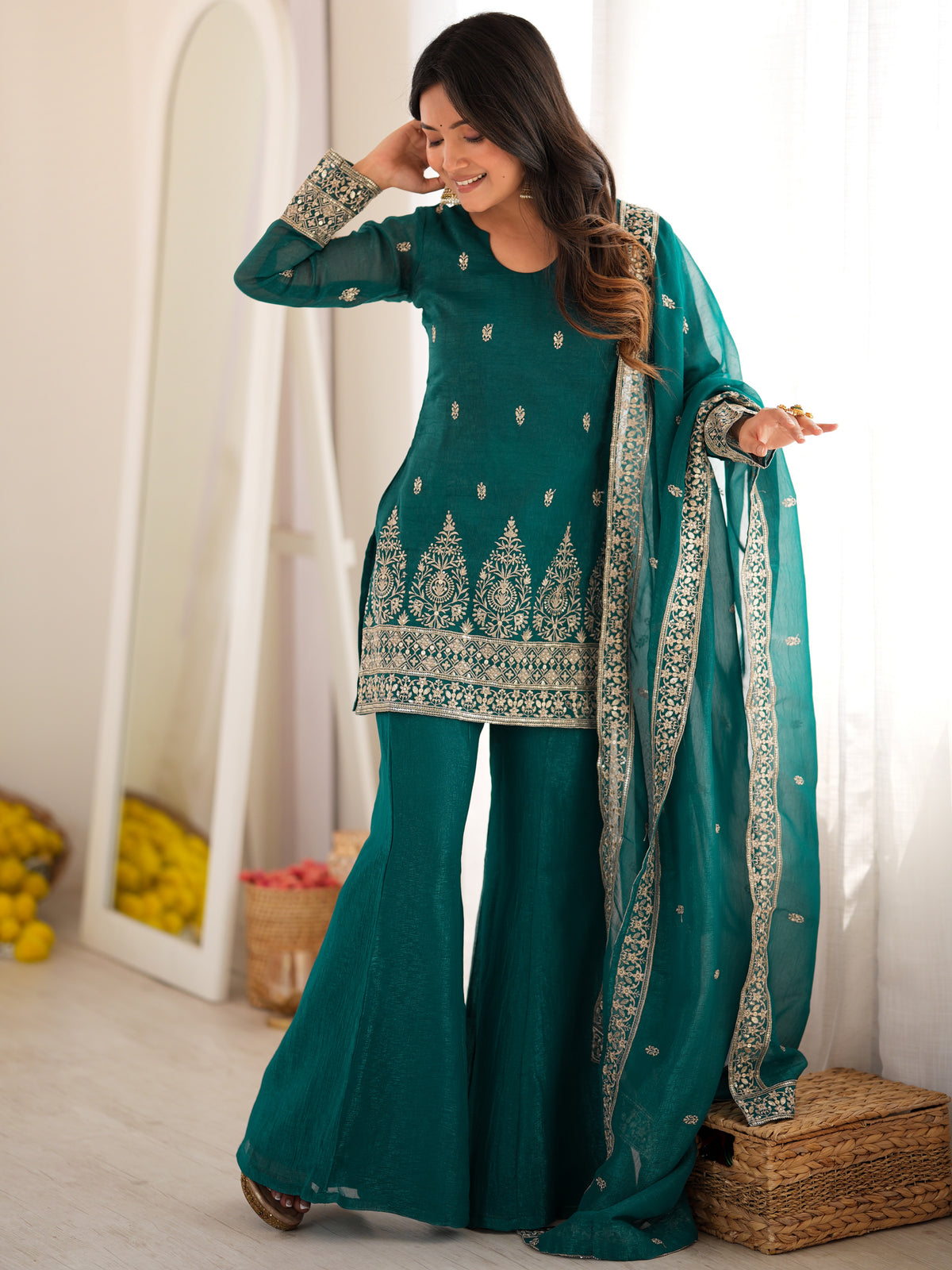 Beautiful Teal Blue Sequins Silk Reception Wear Salwar Suit