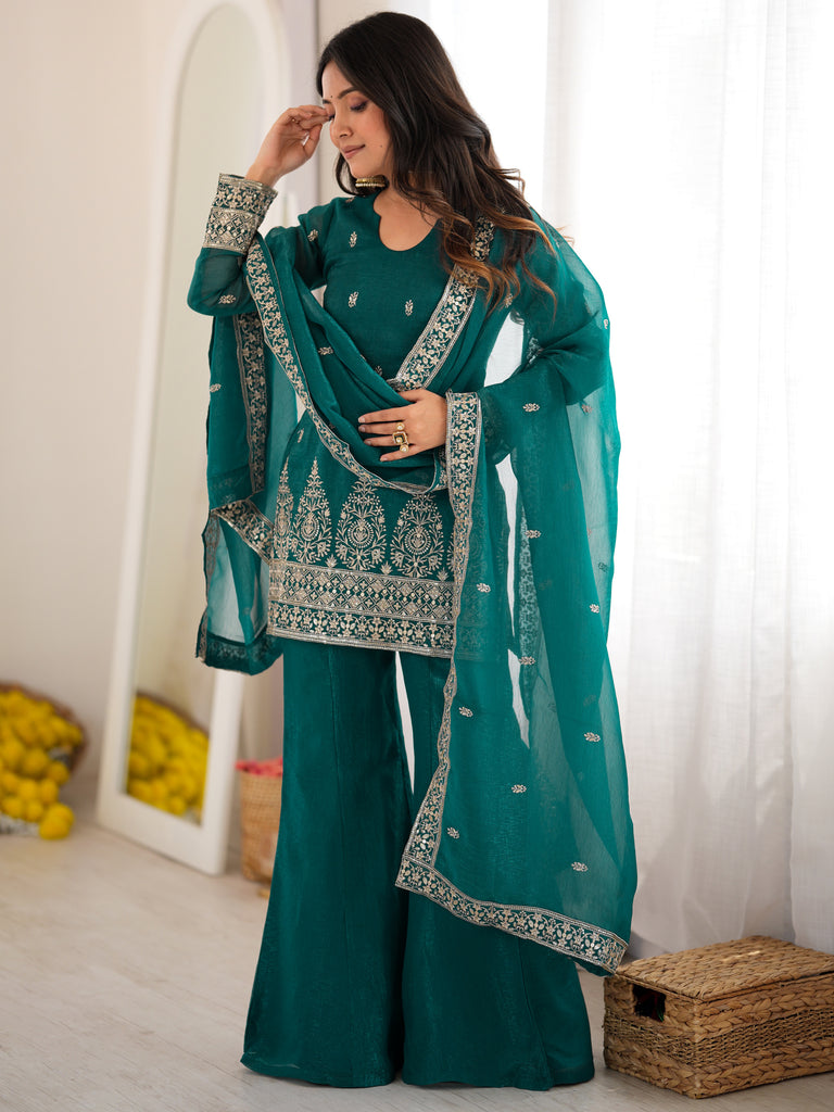 Beautiful Teal Blue Sequins Silk Reception Wear Salwar Suit