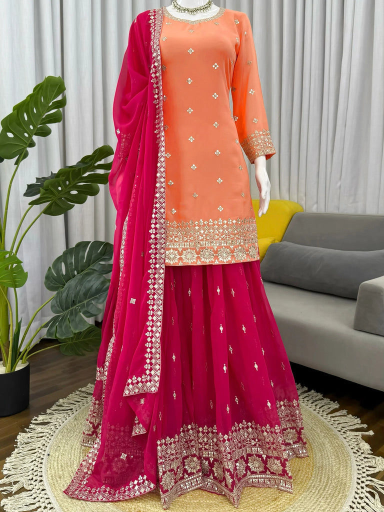 Dazzling Orange Embroidered Georgette Festival Wear Palazzo Suit