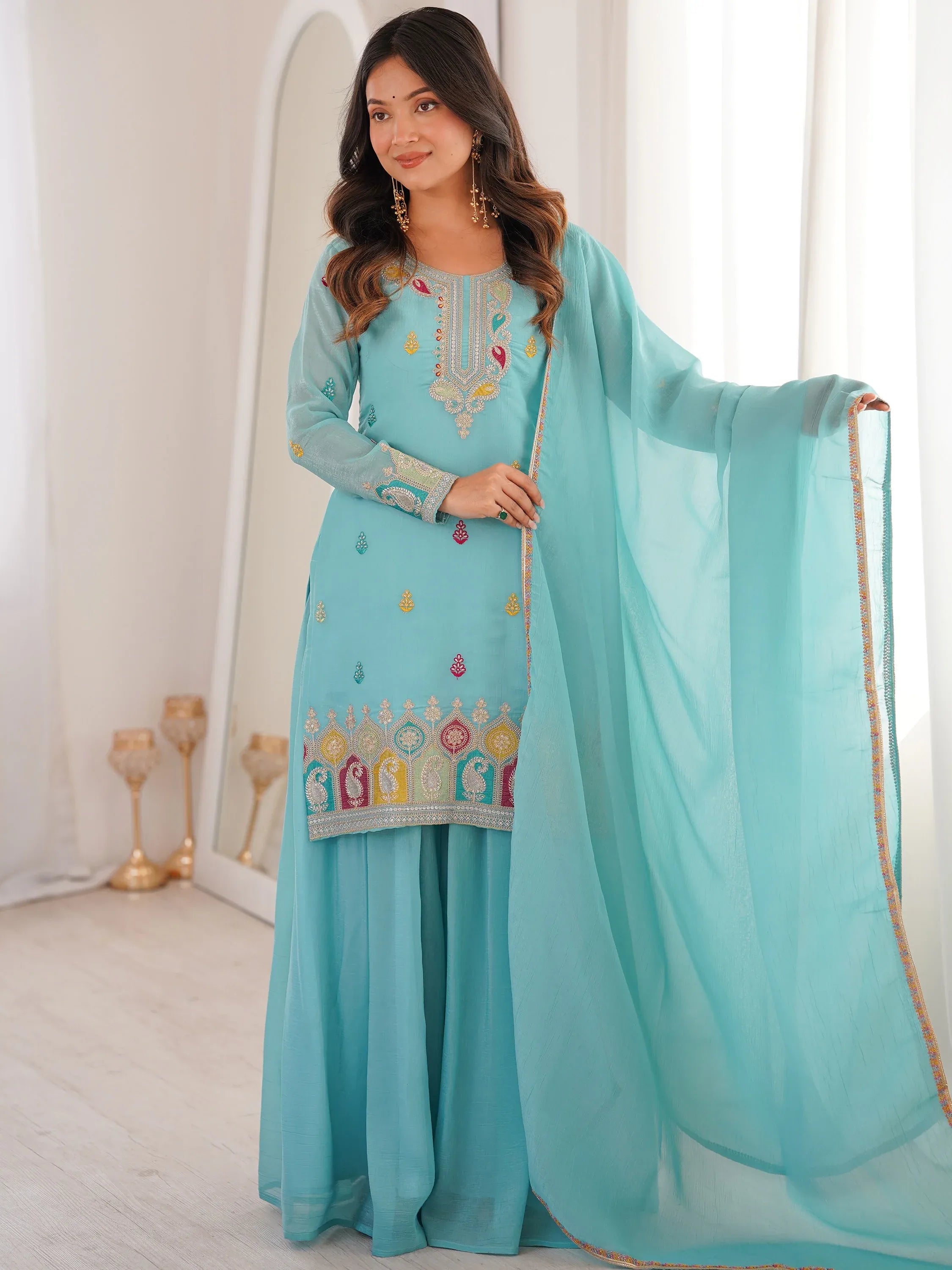 Gorgeous Sky Blue Zari Embroidered Silk Festival Wear Palazzo Suit