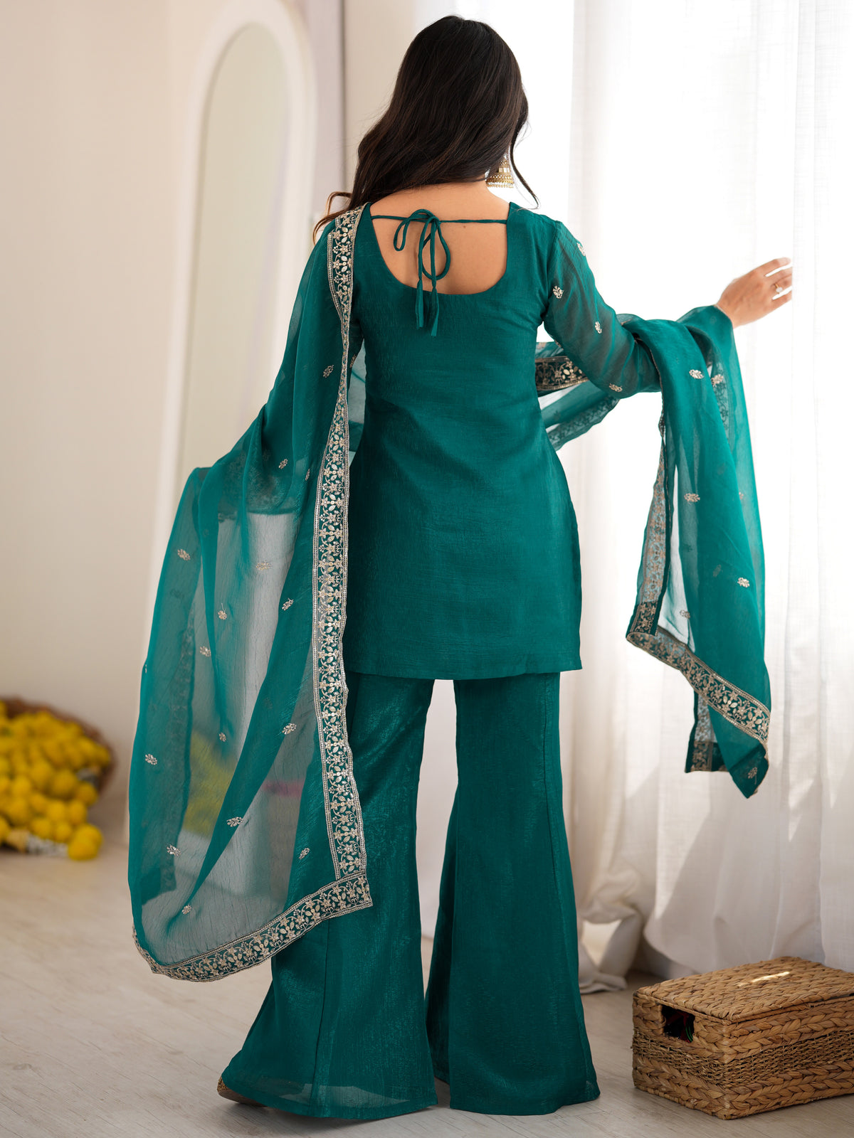 Beautiful Teal Blue Sequins Silk Reception Wear Salwar Suit