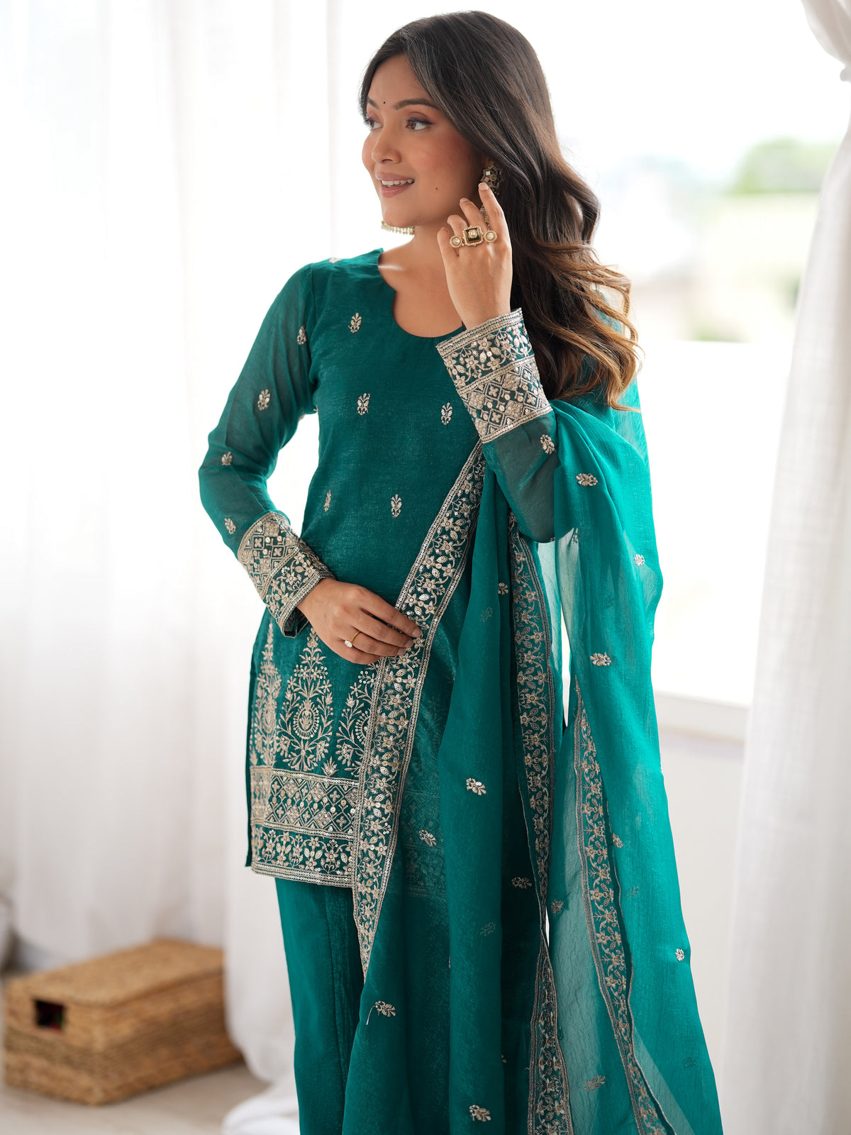 Beautiful Teal Blue Sequins Silk Reception Wear Salwar Suit