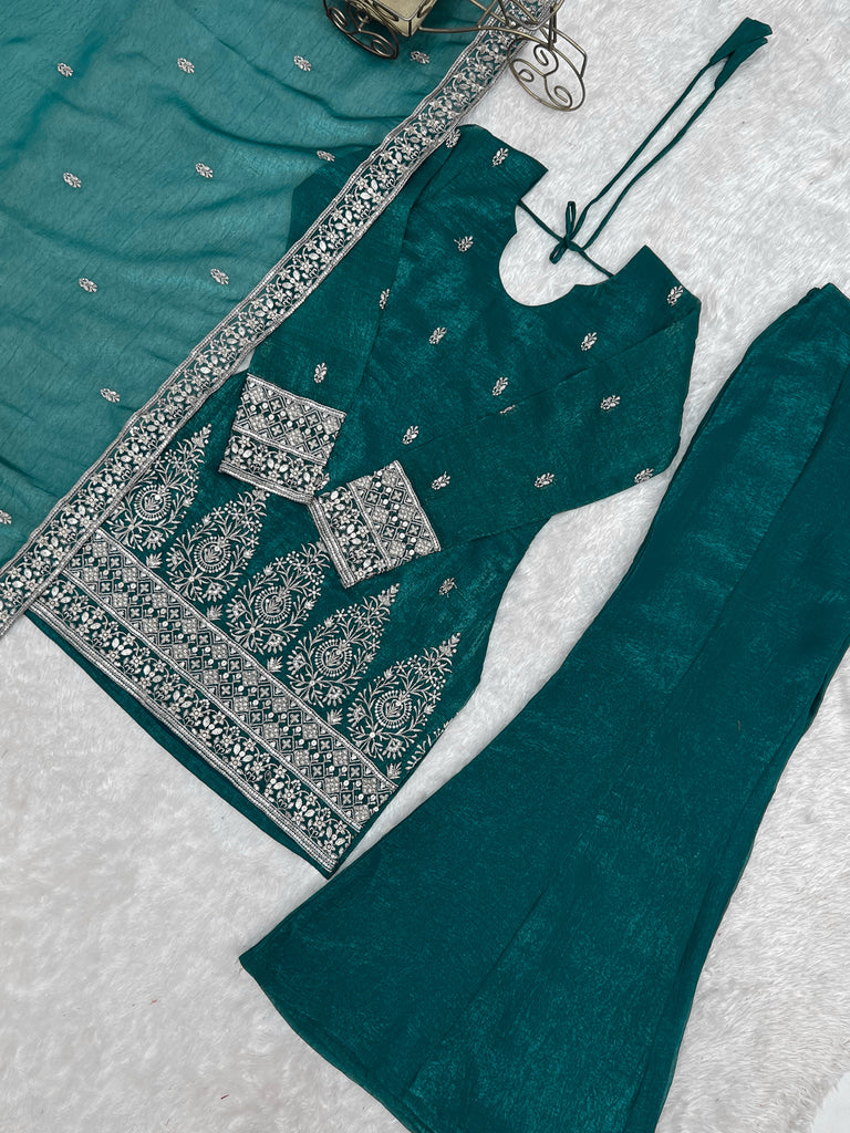 Beautiful Teal Blue Sequins Silk Reception Wear Salwar Suit