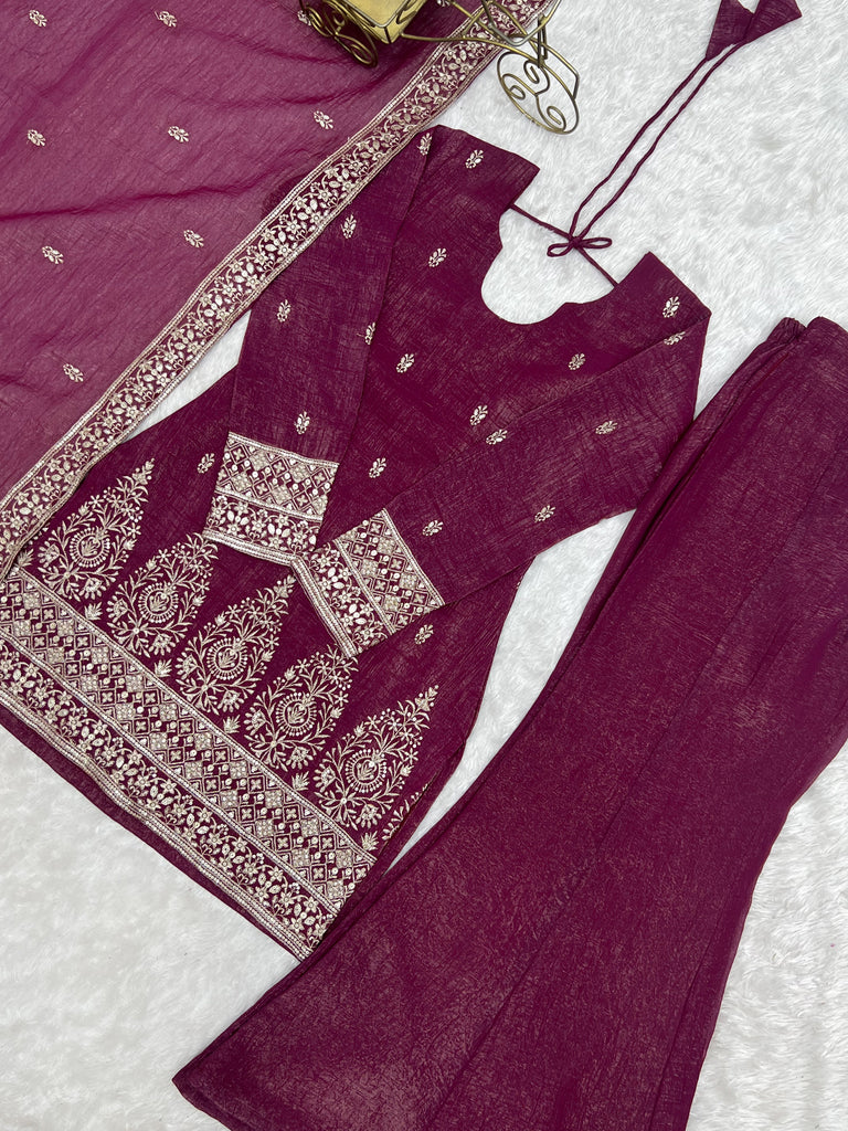Captivating Wine Zari Embroidery Silk Engagement Wear Salwar Suit