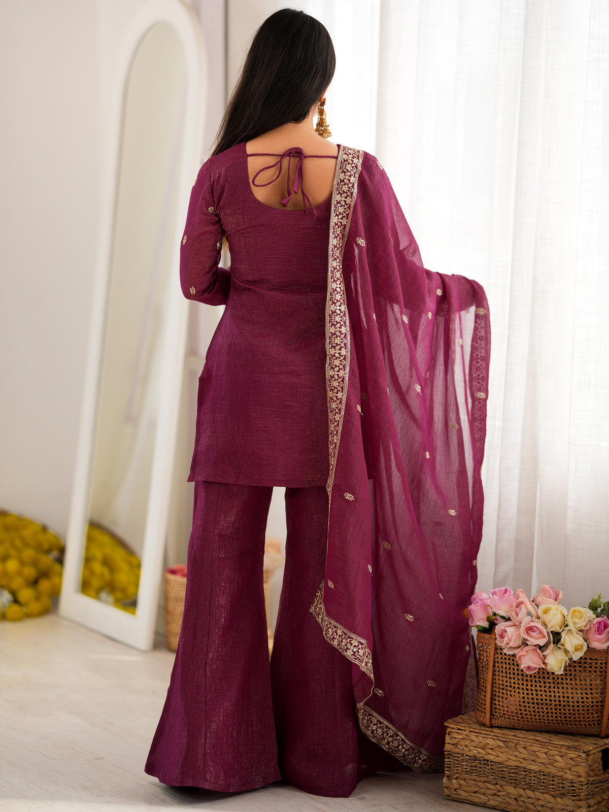 Captivating Wine Zari Embroidery Silk Engagement Wear Salwar Suit