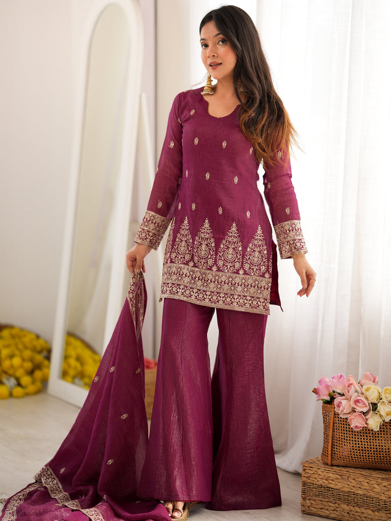 Captivating Wine Zari Embroidery Silk Engagement Wear Salwar Suit