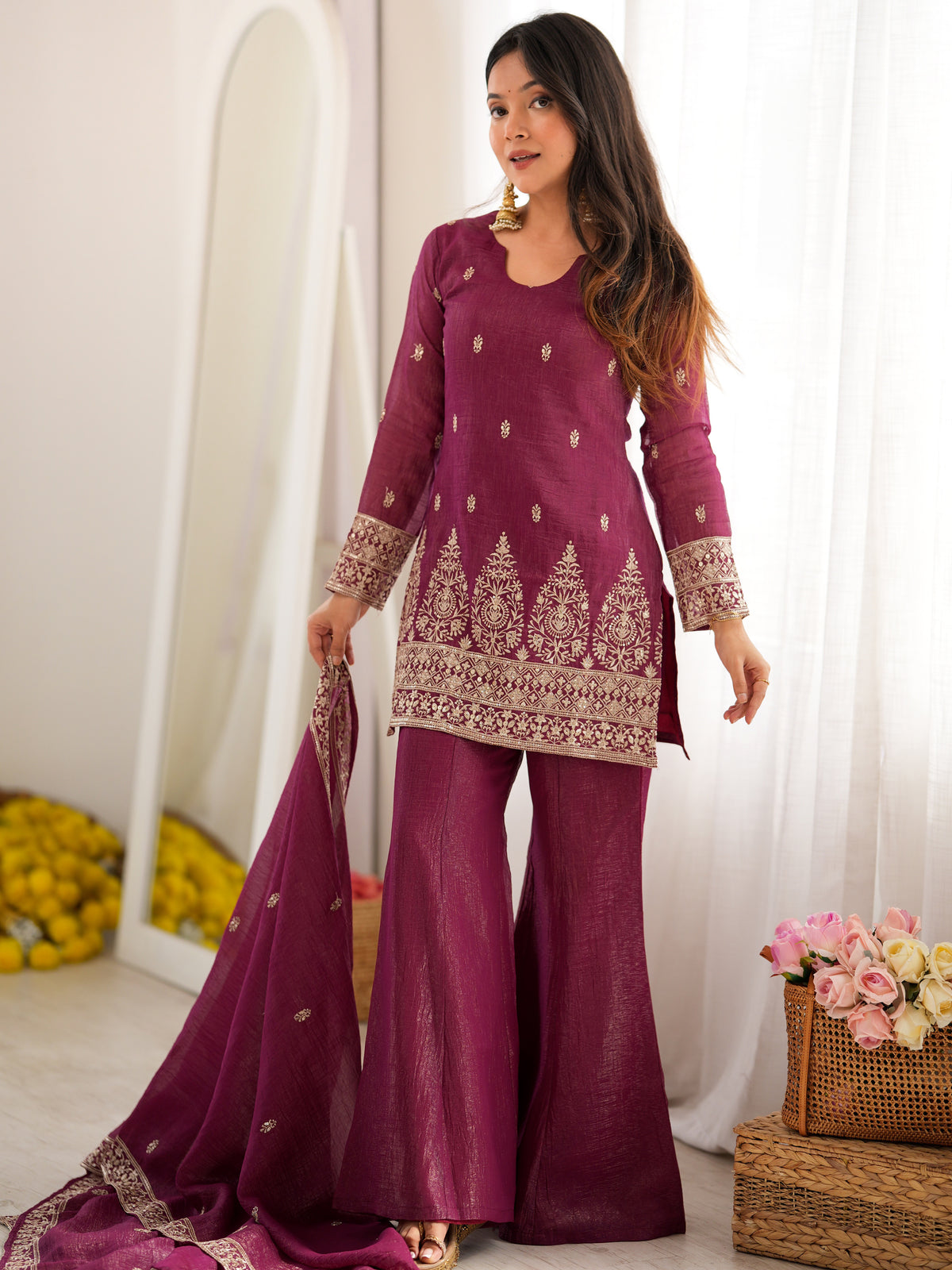 Captivating Wine Zari Embroidery Silk Engagement Wear Salwar Suit