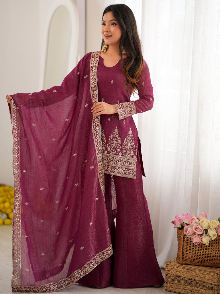 Captivating Wine Zari Embroidery Silk Engagement Wear Salwar Suit