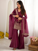 Captivating Wine Zari Embroidery Silk Engagement Wear Salwar Suit