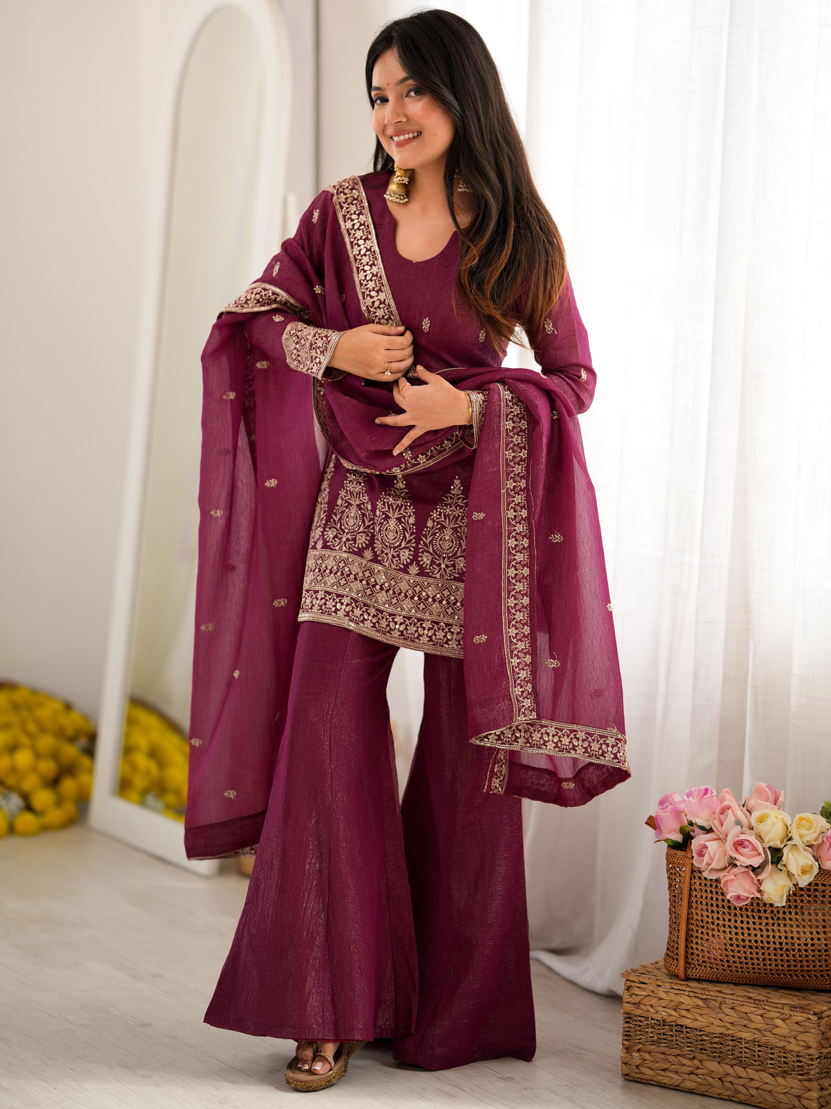 Captivating Wine Zari Embroidery Silk Engagement Wear Salwar Suit