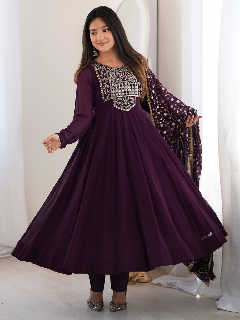 Radiant Wine Zari Embroidery Georgette Traditional Anarkali Suit