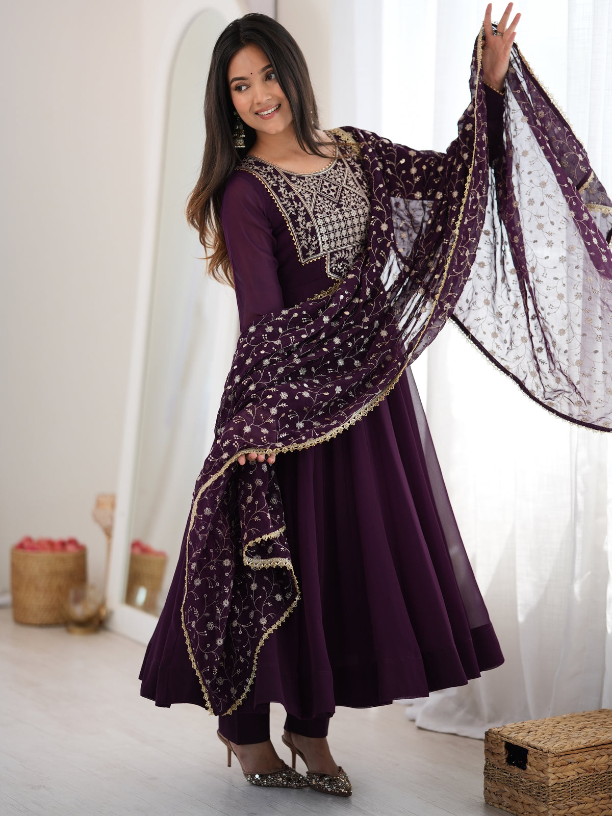 Radiant Wine Zari Embroidery Georgette Traditional Anarkali Suit