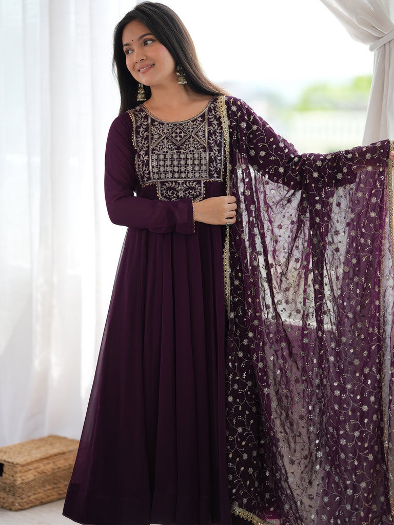 Radiant Wine Zari Embroidery Georgette Traditional Anarkali Suit
