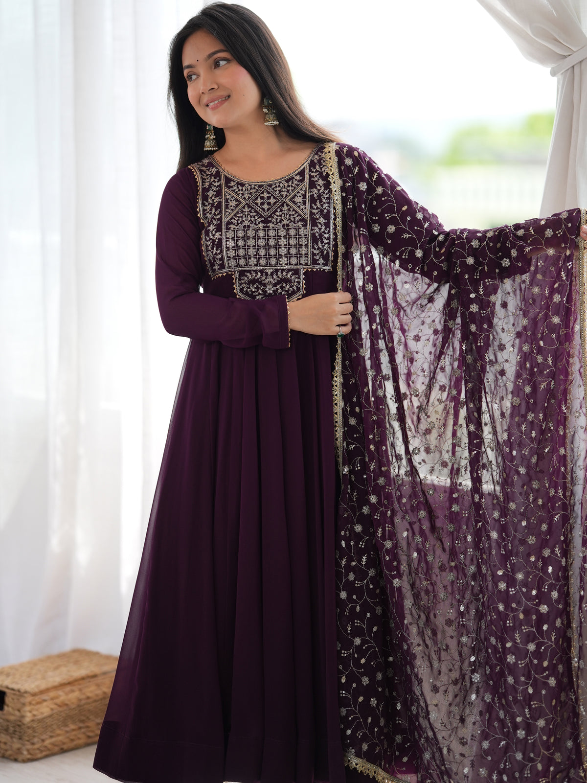 Radiant Wine Zari Embroidery Georgette Traditional Anarkali Suit