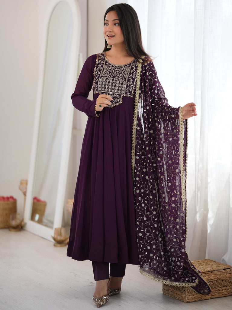 Radiant Wine Zari Embroidery Georgette Traditional Anarkali Suit